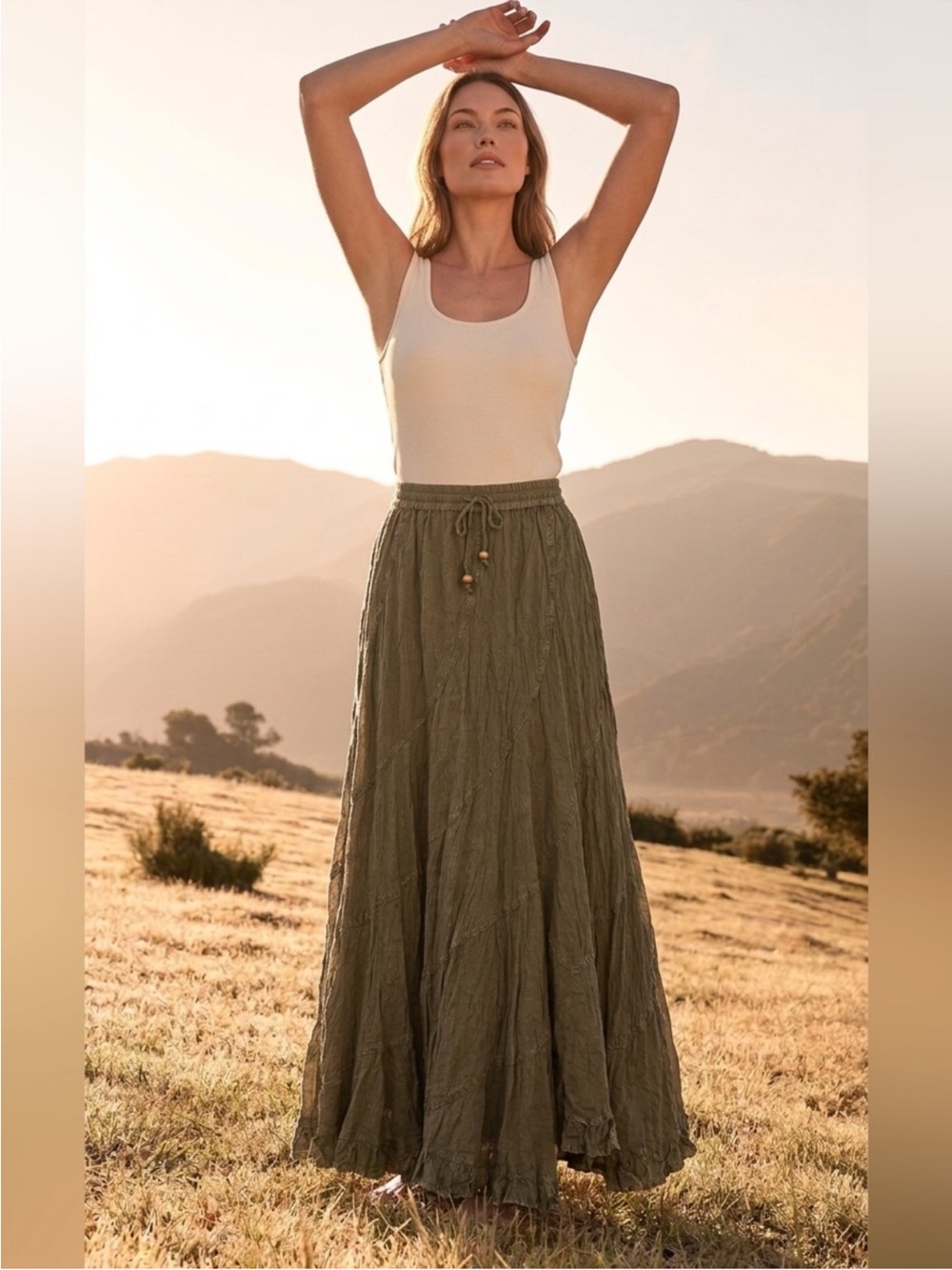 NWT: Young Threads “Terra Soul” Olive Green Ruffle Tiered Maxi Skirt• Medium